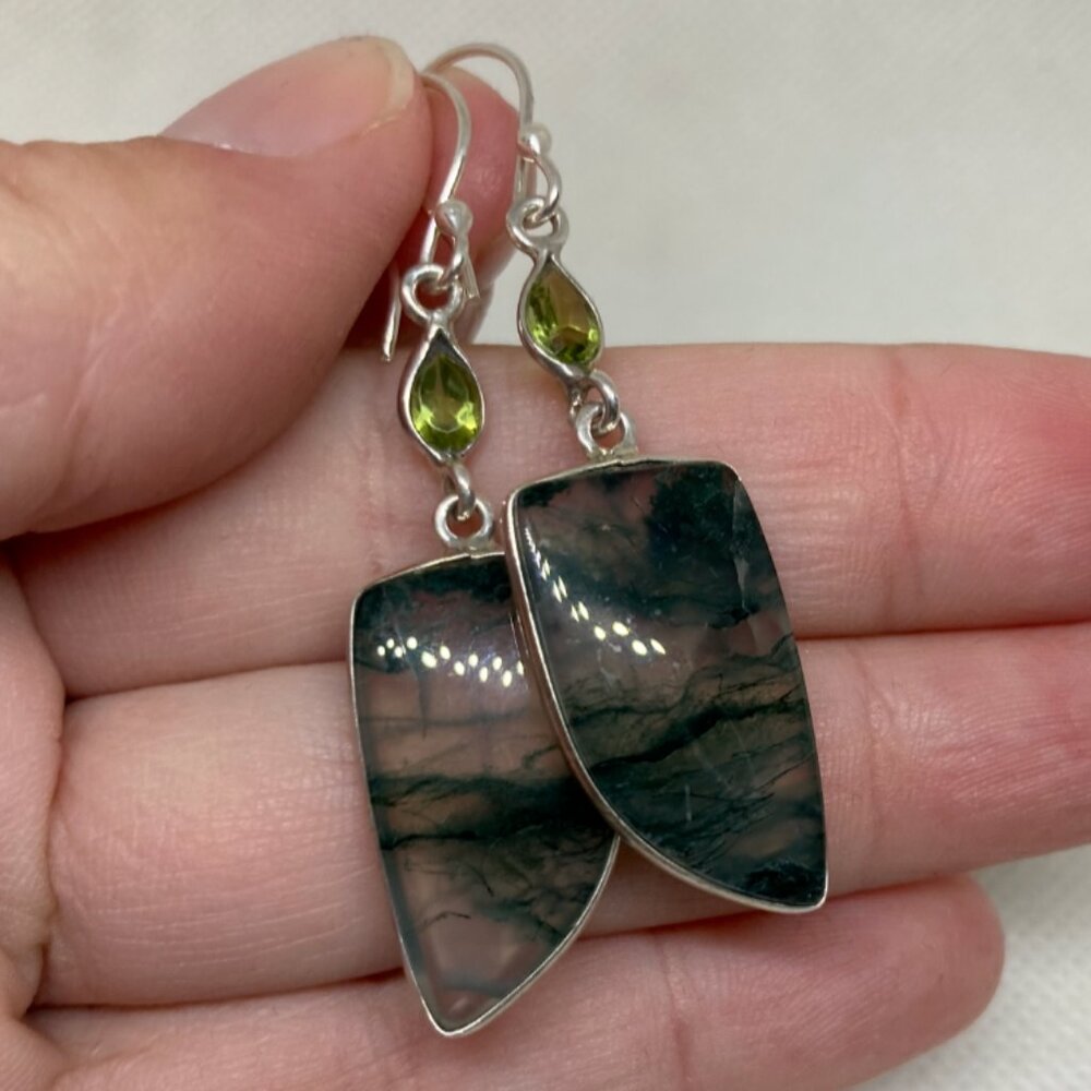 Green Moss Agate Solid Sterling Silver Earrings. … - image 2